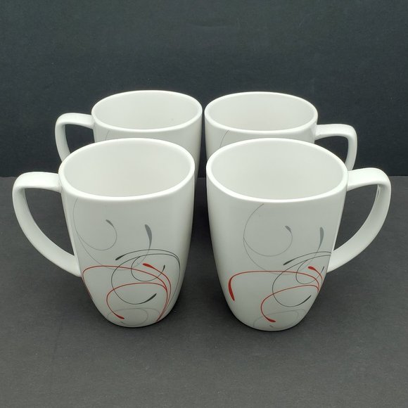 Corelle Splendor Mugs White Porcelain Mugs With Red Gray Swirls - Picture 2 of 8